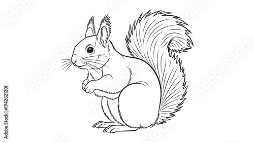 Squirrel line drawing: A monochrome drawing presents a squirrel sitting, detailed in a fine line.