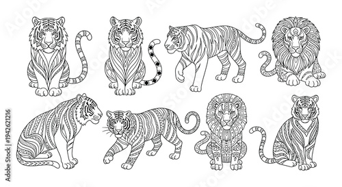 Intricate line art depicts a collection of majestic tigers in various poses