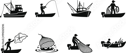 Commercial Fishing and Angling Icon Set Featuring Trawler Boats Fishermen Using Nets and Rod Fishing on Small Boats