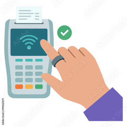 Hand using payment terminal with wireless connection for transaction