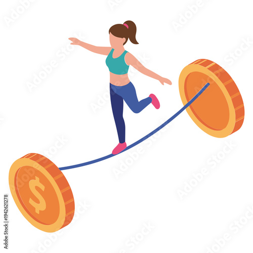 Woman balances on a tightrope between two large coins in a precarious financial situation.