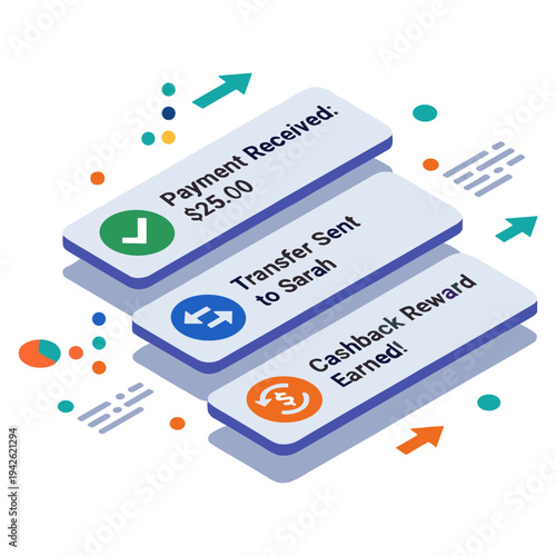 A digital illustration of three notification cards with payment messages floating in a colorful interface with arrows and geometric shapes.