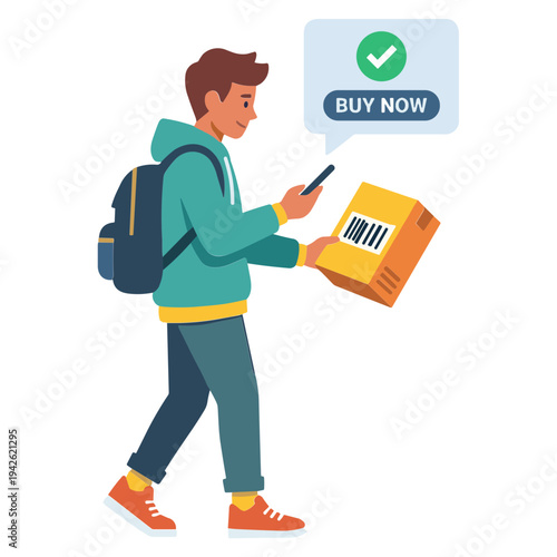 Man holding package and phone with buy now notification while walking