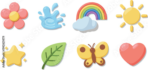 Cute nature icon collection featuring pink flower, water splash, rainbow with cloud, sun, sparkling star, green leaf, butterfly, and heart, vector.