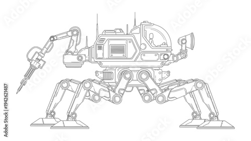 Sci-Fi Exploration Mech: A detailed line drawing of a futuristic exploration mech, showcasing its intricate design and advanced robotic arm in a landscape of technological imagination.