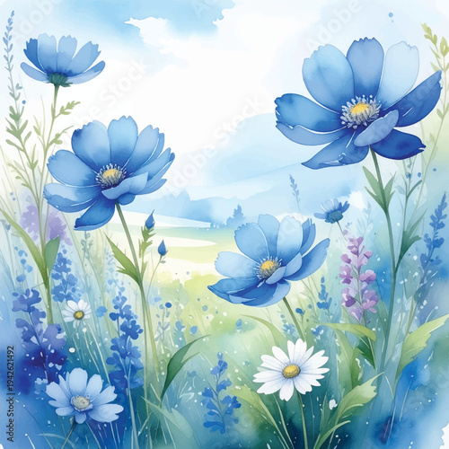 Light blue flower meadow watercolor
