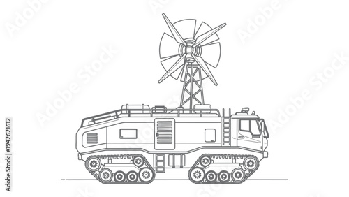 All-Terrain Vehicle with Wind Turbine: An illustrative line drawing of a robust all-terrain vehicle equipped with a large wind turbine, designed for remote exploration and energy generation.