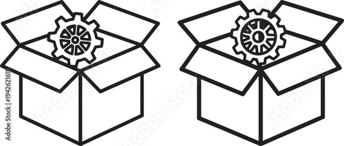 Open cardboard box with gear inside, icon set, black and white vector
