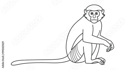 Monkey Outline: A simplified line drawing of a monkey sitting patiently, showcasing its primate form with clear contours and a long tail extended behind it.