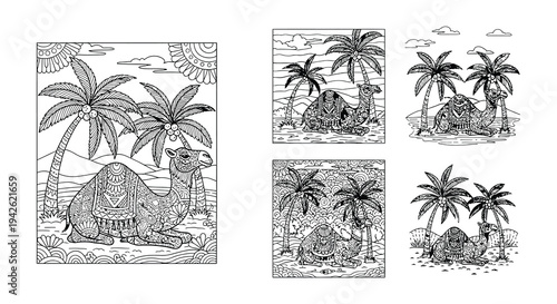 Intricate drawing of a camel resting beneath swaying palm trees