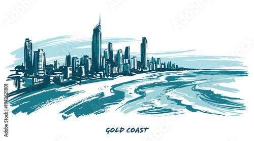A vibrant watercolor sketch captures the iconic skyline of the Gold Coast, Australia, with its modern skyscrapers meeting the picturesque coastline and rolling ocean waves.