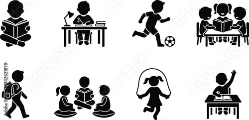 Children's Daily Educational Activities Set Featuring Kids Reading Studying Playing Soccer and Classroom Learning