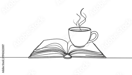 A line drawing depicts an open book with a steaming coffee cup resting on its pages. The illustration is minimalist