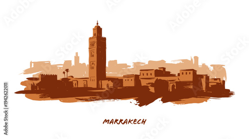 A stylized illustration of the Marrakech skyline featuring the iconic Koutoubia Mosque minaret against a backdrop of traditional buildings.
