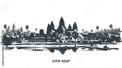 A detailed black and white sketch of the iconic Angkor Wat temple complex in Siem Reap, Cambodia, reflected in the water.