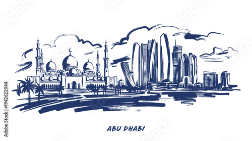 A sketch of the Abu Dhabi skyline featuring the Sheikh Zayed Grand Mosque and modern skyscrapers.