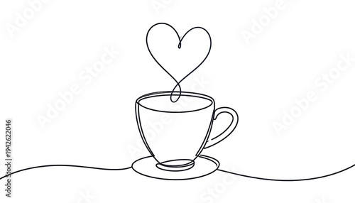 A line drawing of a cup of coffee with steam forming a heart shape above it, set against a plain white background