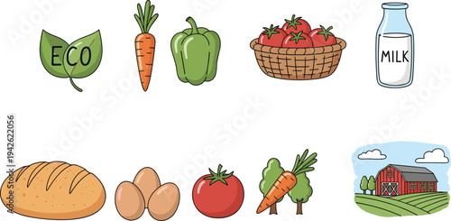 Eco organic farm food icons, vegetables and dairy illustration, carrot tomato pepper bread eggs milk, sustainable agriculture, healthy natural grocery concept
