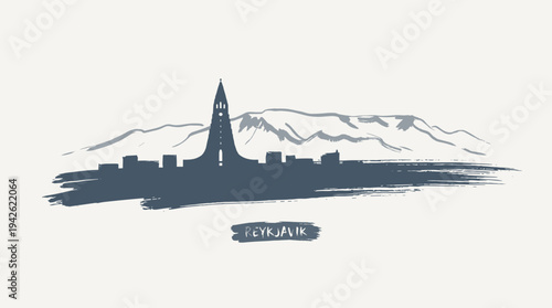 Silhouette of Reykjavik skyline with Hallgrimskirkja church and mountains in the background.