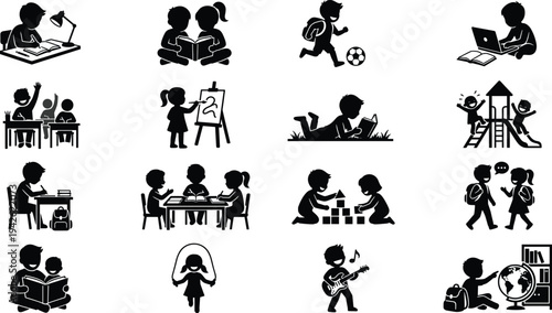 Children's Daily Activities and Education Icon Set Featuring Kids Studying Playing Painting and Learning at Home or School