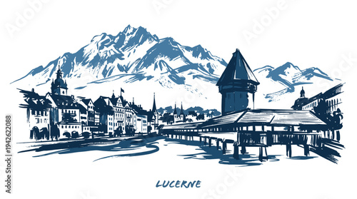 A scenic ink sketch of the historic Chapel Bridge and Water Tower in Lucerne, Switzerland, with majestic snow-capped mountains in the background.