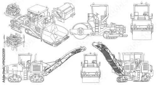 Asphalt Paver AutoCAD Blueprint Vector – Road Construction Paving Machine Multi-View Technical Drawing Black Outline Isolated on White