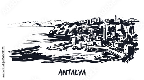 A black and white sketch of the coastal city of Antalya, Turkey, with buildings perched on cliffs overlooking the sea.