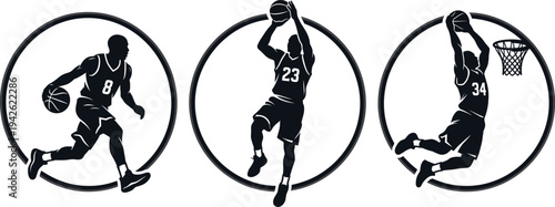 Professional Basketball Player Action Silhouettes Featuring Dribbling Jump Shot and Slam Dunk in Circular Frames