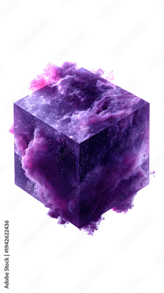 Fototapeta premium Abstract 3D Cube with Purple Nebula Texture and Atmospheric Space Smoke Isolated on Transparent Background for Creative Design