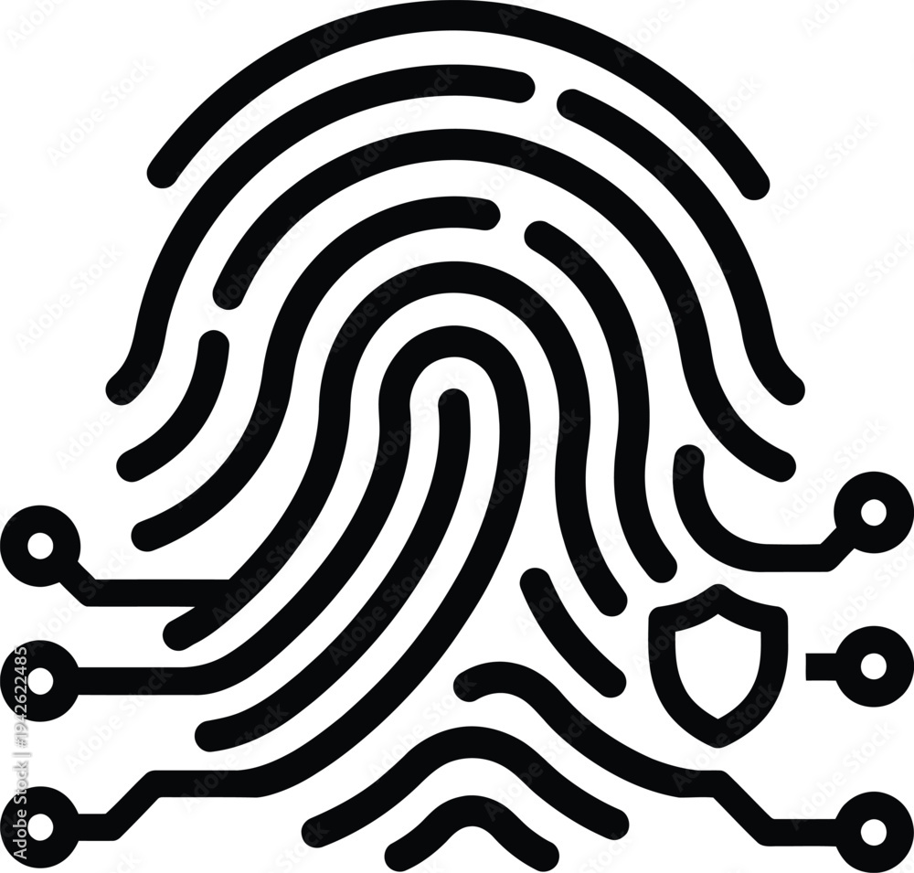 Fototapeta premium Fingerprint with shield and circuit lines vector illustration, flat design security concept