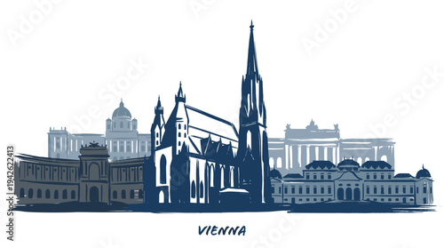 A stylized illustration of the Vienna skyline featuring prominent buildings and architectural landmarks.