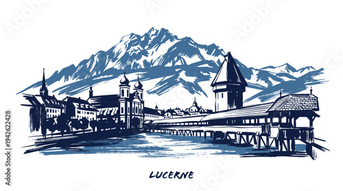A scenic sketch of the historic Chapel Bridge and Water Tower in Lucerne, Switzerland, with majestic snow-capped mountains in the background.
