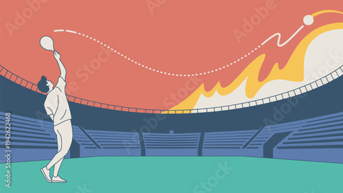 A tennis player serves the ball in a vibrant stadium with a stunning mountain view at sunset