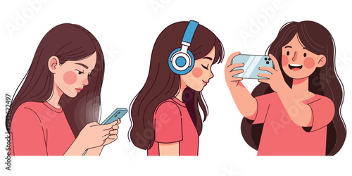Young woman using her smartphone for various activities like texting, listening to music, and taking photos