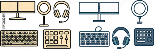 This workspace includes two displays side by side, a ring light for illumination, headphones for audio, and a comprehensive keyboard with media controls. Ideal for productivity.