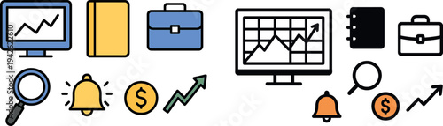 Various icons including a monitor with graphs, a notebook, a briefcase, and symbols for search, alerts, money, and growth illustrate key business concepts in an office environment.