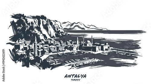 A sketch of the coastal city of Antalya, Turkey, with its distinctive architecture and mountainous backdrop.