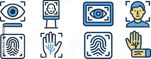 Different biometric identification methods are displayed, including iris scanning, facial recognition technology, fingerprint analysis, and palm scanning on a digital interface.