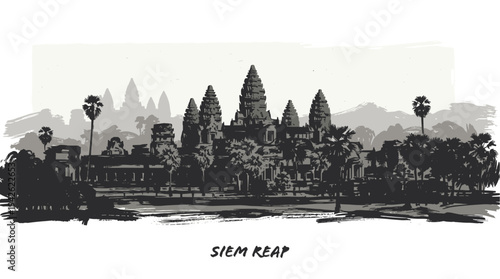 A striking black and white illustration of the iconic Angkor Wat temple complex in Siem Reap, Cambodia, set against a hazy sky.