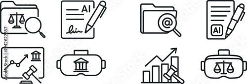 Various digital tools represent the integration of technology in legal work. Illustrations include scales of justice, data analysis, and virtual experiences to optimize legal outcomes.