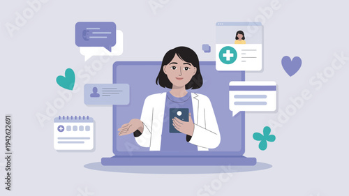 A female doctor using a laptop and smartphone for online consultations with various digital icons surrounding her.
