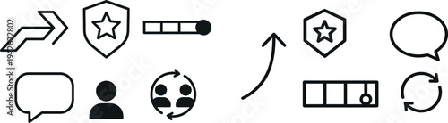 Various graphical symbols depict communication, security, and user interaction, showcasing arrows, chat bubbles, a shield, and user icons designed for digital interfaces.