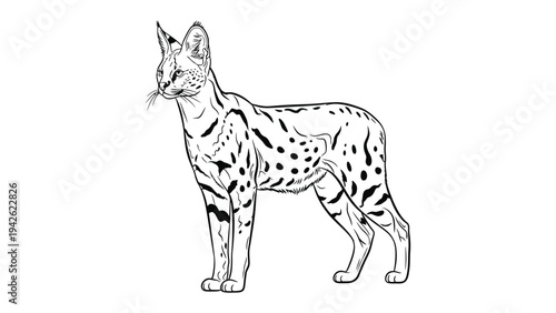 Elegant Serval in Profile: A refined monochrome sketch of a majestic serval cat, its sleek form adorned with distinctive spots. The detailed artistry evokes the serval's graceful presence.