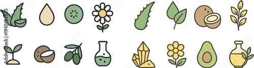 Various illustrations showcase natural ingredients like aloe vera, oils, and botanical elements, highlighting their importance in skincare and wellness practices.
