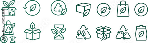 A collection of eco-friendly design elements highlights recycling and sustainability themes. Features include a plant emerging from a box, a recycling symbol, and a shopping bag, all in green tones.