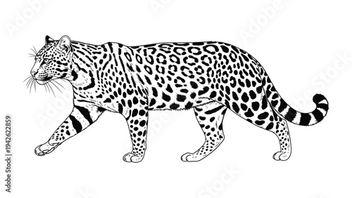 Leopard in Action: A detailed black and white illustration of a leopard gracefully prowling, highlighting its distinct spots and powerful physique, against an empty backdrop.
