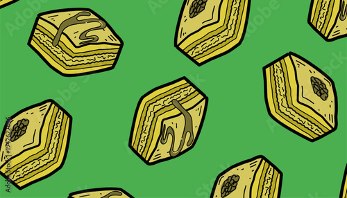 Baklava Seamless Pattern. Middle Eastern Pastry Illustration. Handdrawn Honey Dessert. Repeating Sweet Food Background. Decorative Packaging Textile Design.