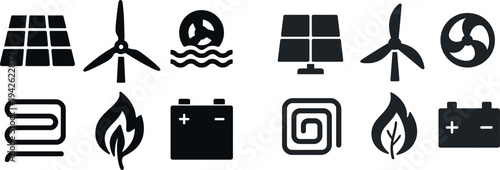 Several symbols representing renewable energy sources are displayed, including solar panels, wind turbines, and waves, highlighting innovations in sustainability and environmental protection.