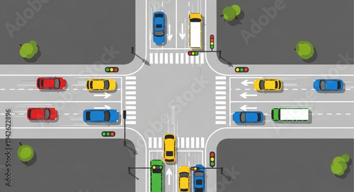 Busy Intersection with Cars and Trucks at a Crossroads.
