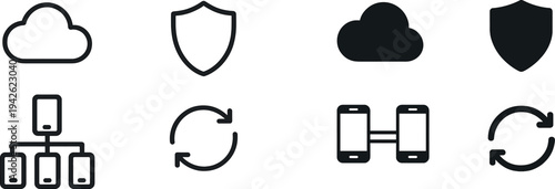 Four distinct digital symbols illustrate key concepts in technology: cloud computing, security shield, data organization structure, and system refresh cycle.